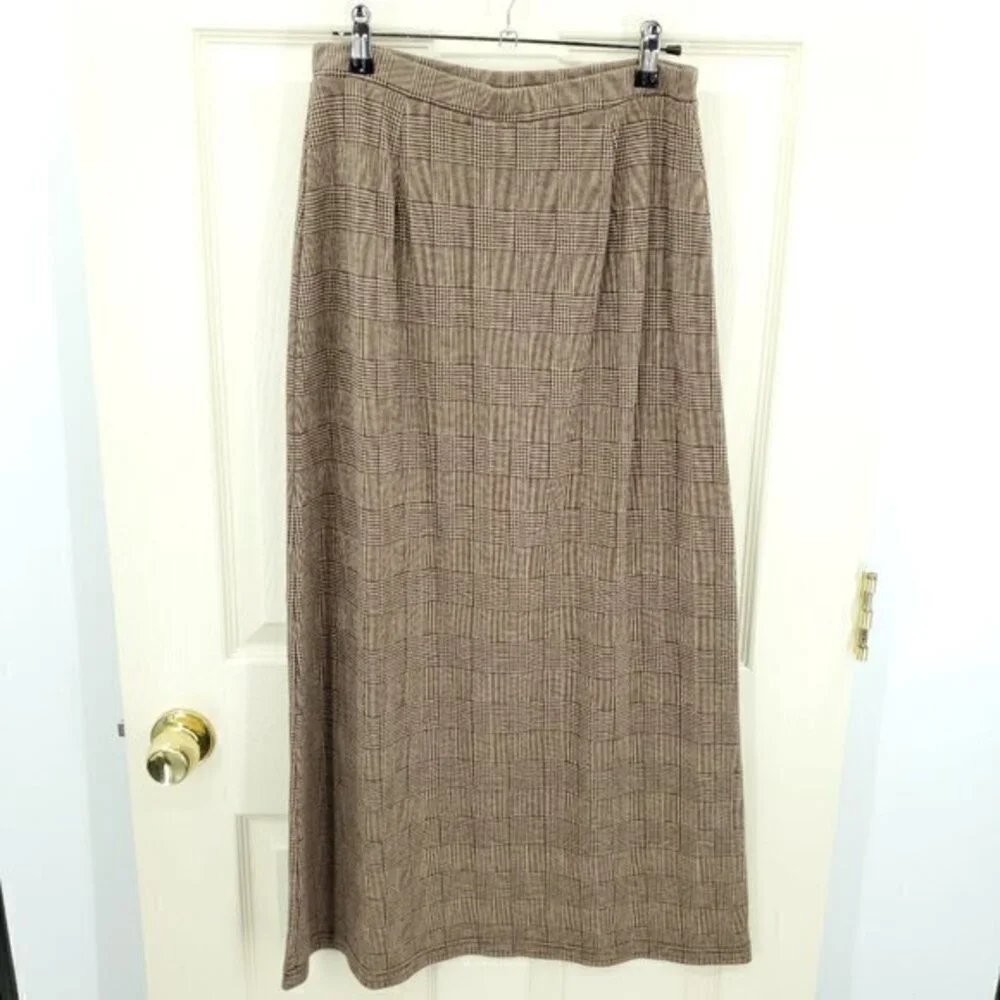 Liz Claiborne/Crazyhorse Glen Plaid Pull On Ponte Midi Skirt M Tan/Brown